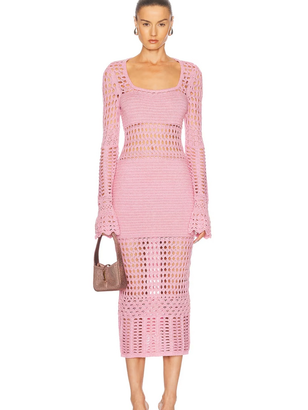 Pink Crochet Long Sleeve Midi Dress - airie